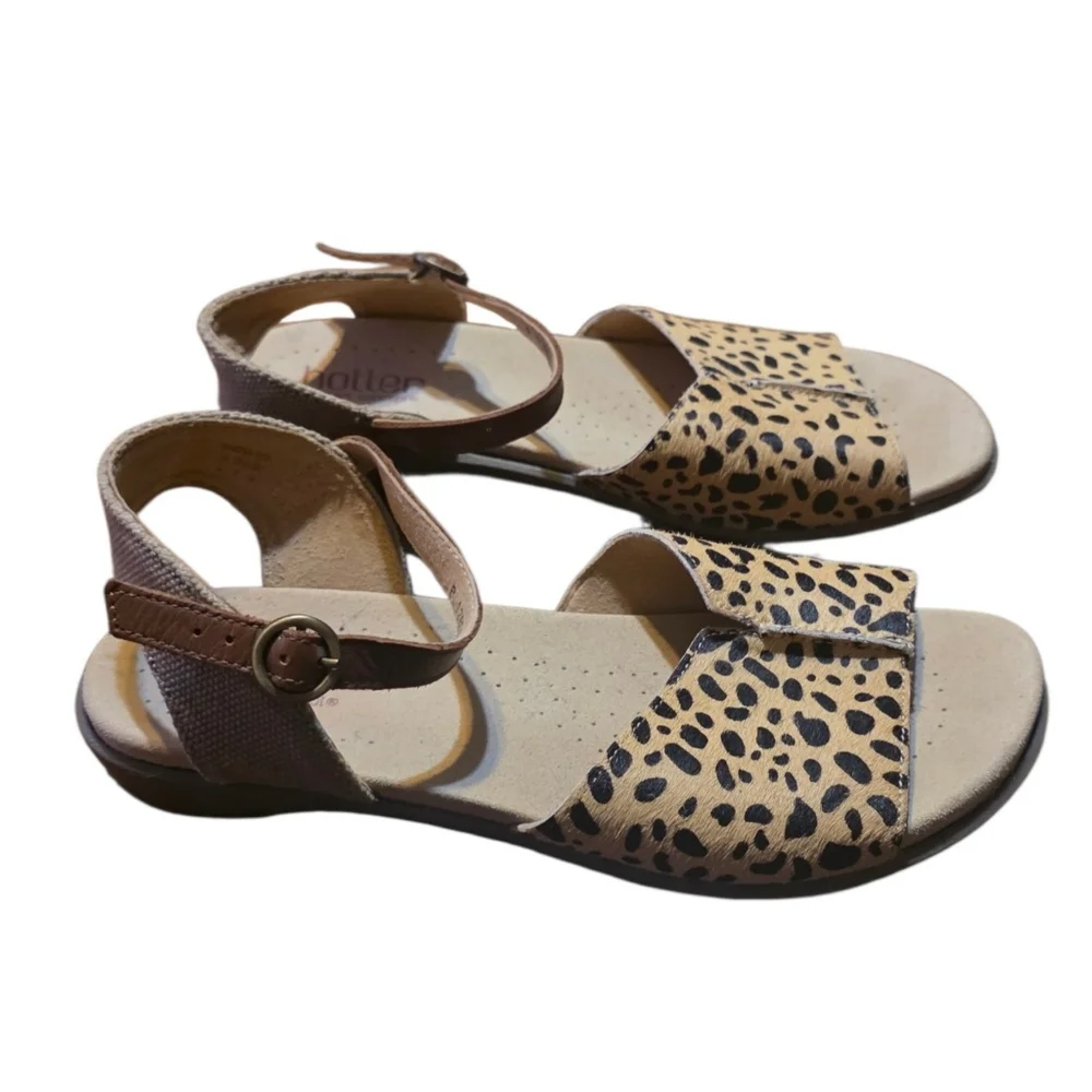Hotter Leopard Print Ankle Strap Sandals Tan & Black Size 8